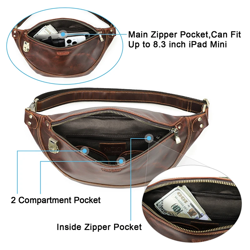 CONTACT\'S Genuine Leather Men Waist Bag Designer Password Lock Travel Waist Fanny Belt Pack Small Pouch Pouch Male Chest Bag