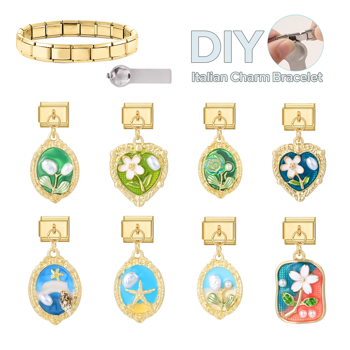 

Pearls Flowers Starfish Gold Color Seal Pendant Italian Charm Link Fit 9mm Stainless Steel Bracelet Women Girl DIY Making Gifts