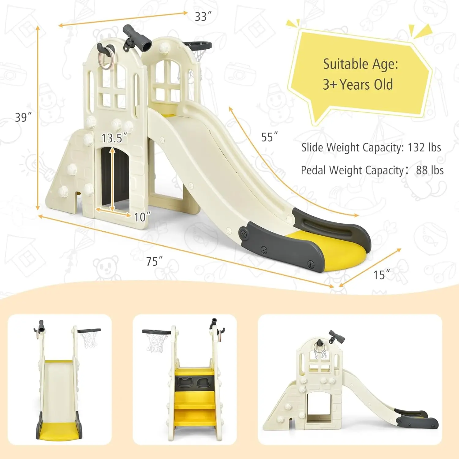 Toddler Large Slide, 6 in 1 Slide for Kids with Basketball Hoop, Ring Toss, 2 in 1 Convertible Climbing Way, Freestanding Kids S