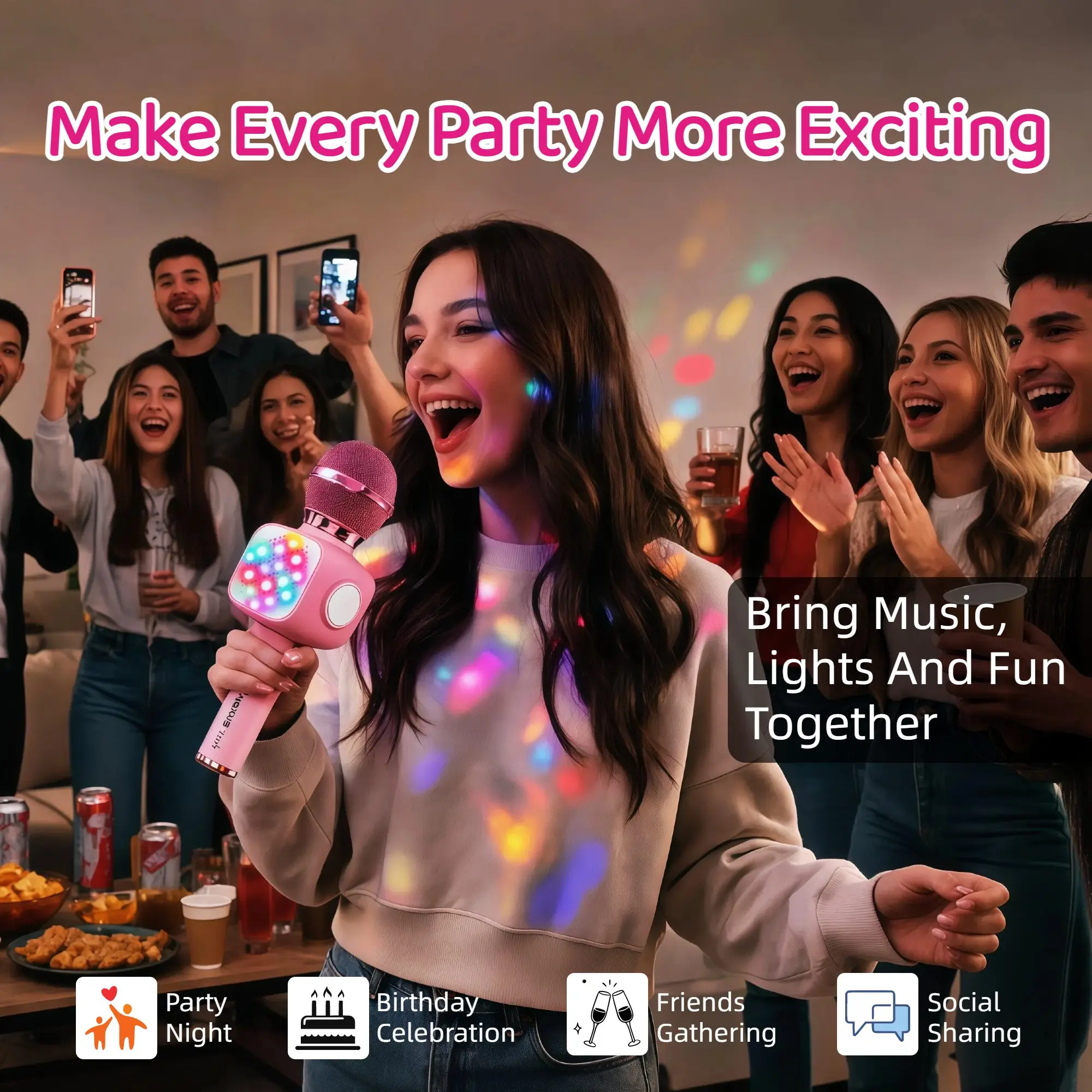 Wireless Karaoke Microphone Speaker With RGB LED Lights & Fun Voice Changer - Portable Singing Mic For Outdoor Parties & Family Gatherings Top Gift Choice for Birthday Anniversary Thanksgiving Holiday Season