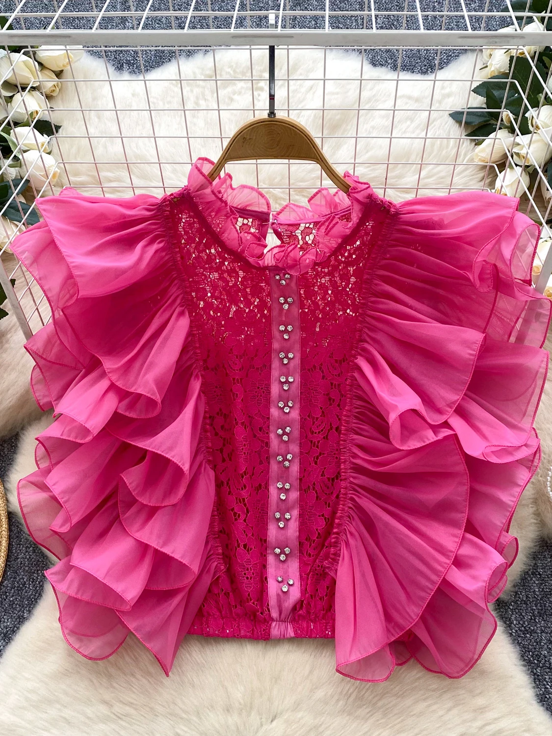 

Vintage Chic Elegant Women'S Shirts 2025 Summer Lace Ruffle Sleeveless Shirt French Hollow Out Beautiful Women'S Social Blouses