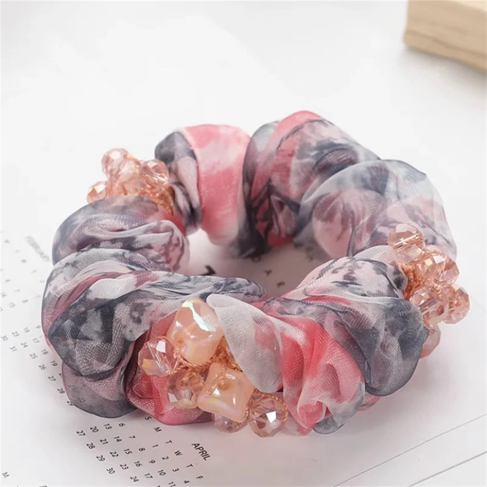 Hermosas cuerdas para el cabello para Gril Bling Pearl Flower Scrunchie, corbatas para el cabello de Organza transparentes, soporte elástico para