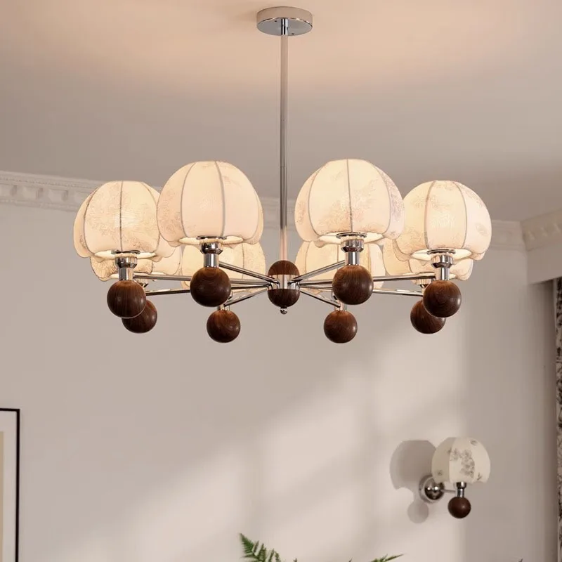 

French Retro Living Room A Chandelier Modern Home Decoration LED Fabric Printed Pendant Light Dining Room Walnut Wood Lighting