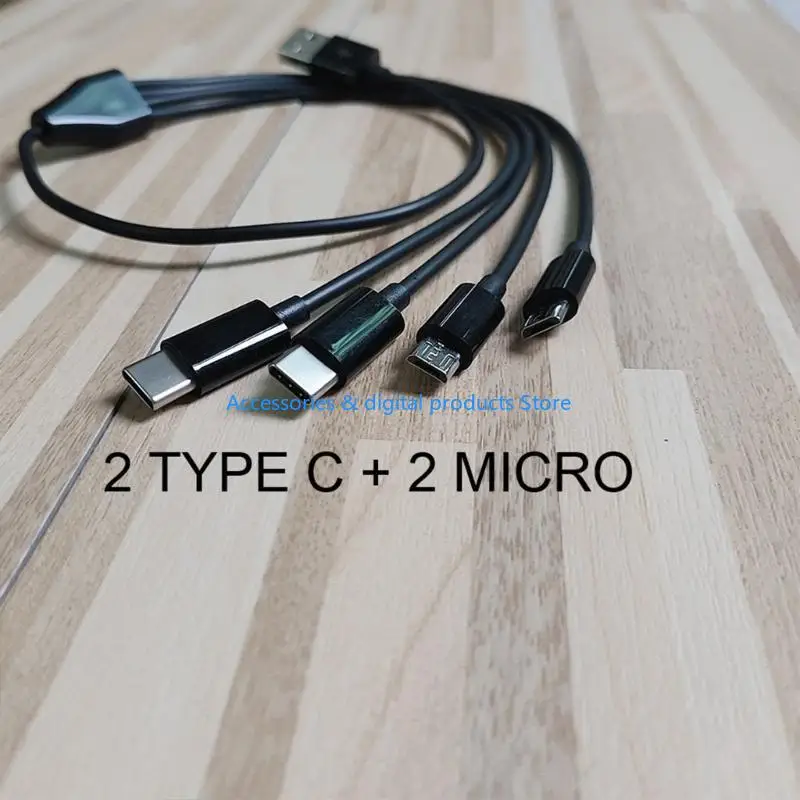 77JD 4-in-1 Cbale Portable USB to 2 Type-C+2 Micro USB Power Supply Cord Wire