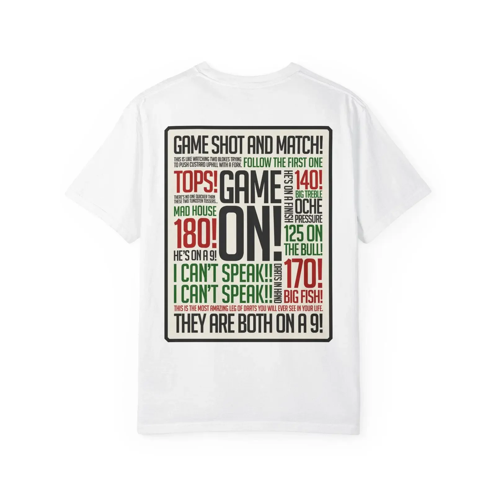 Game On Darts Commentary T Shirt Colored Dartboard Typography Black or White Dart Player BullseyePrintsUS vintage Washed homme