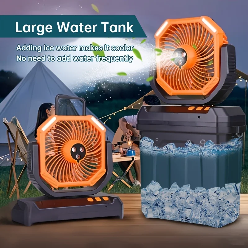 

Уличный вентилятор с распылителем, вентилятор для кемпинга, зарядка через USB, охлаждающий спрей с ведром для воды большой емкости, портативная ручка, вращающийся крючок,