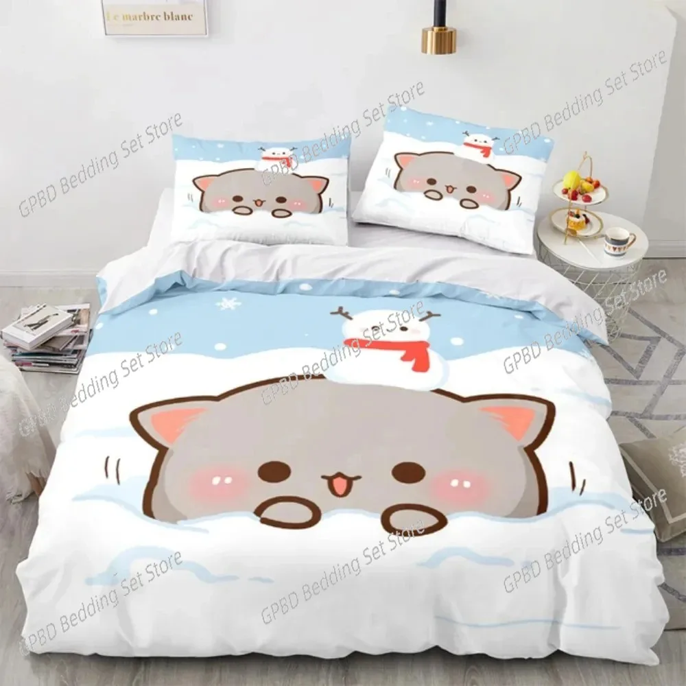 3D Print Cartoon Lovely Peach Cat Bedding Set Double Twin King Duvet Cover Comforter Pillowcase Boys Girls Adults Bedroom