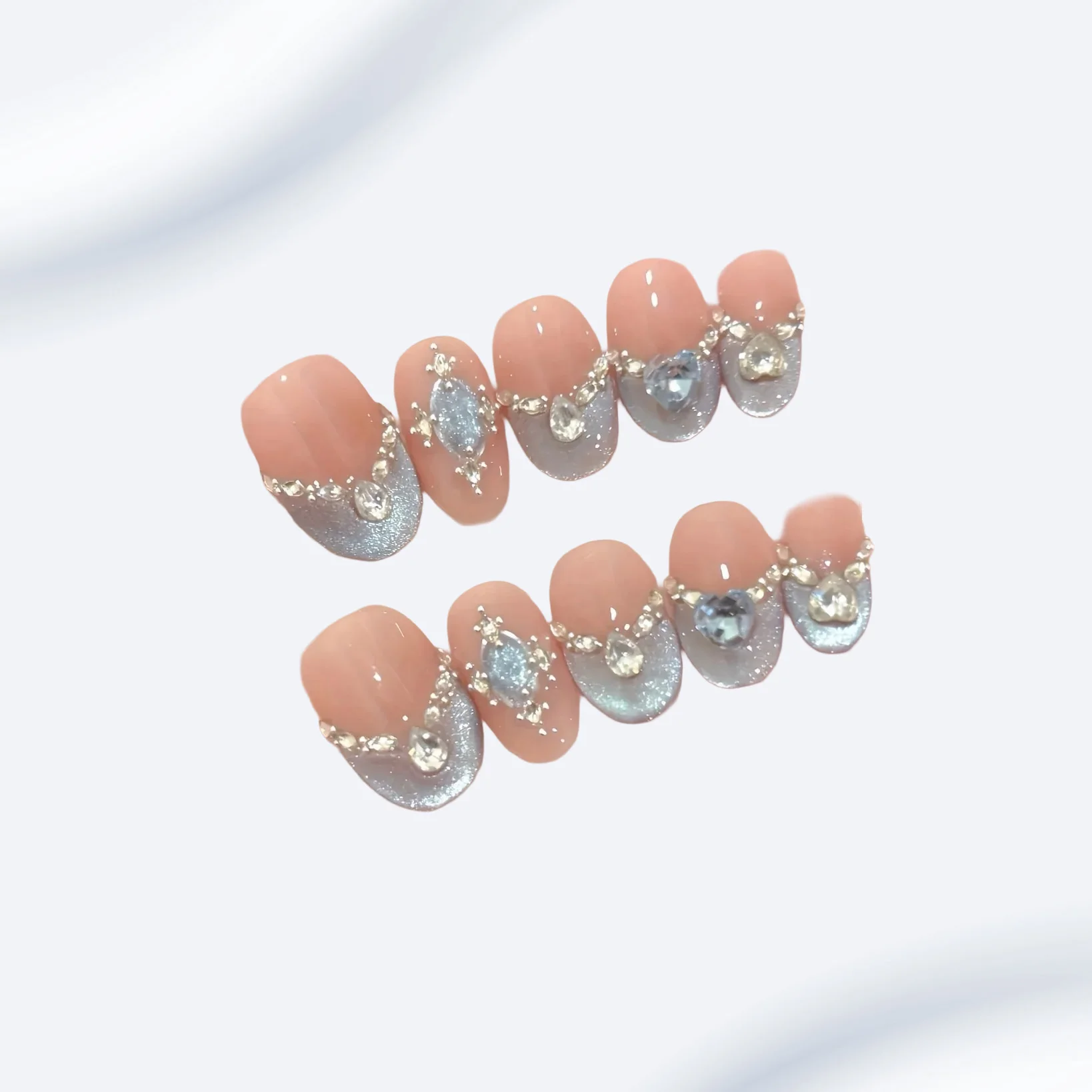 

10pcs Blue Moon French Handmade Nails Ice-Clear Cat's Eye Press-On Nails Almond Shape Sparkling Full-Coverage Nail Tips