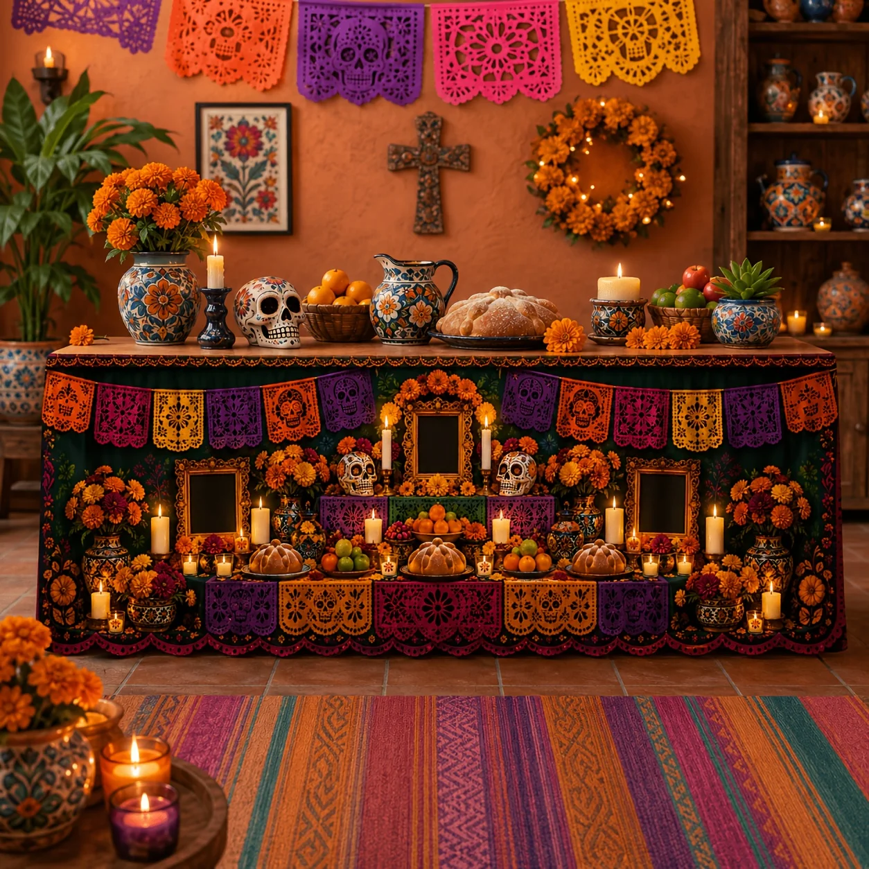 1 tablecloth table skirt, polyester festival of the dead altar sugar skull paper frame print decoration