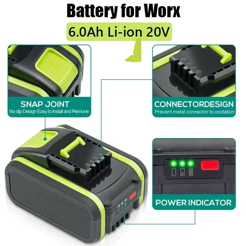 Used for Worx 20V 5.0Ah Battery Replacement Lithium-ion Wireless Power Tool WA3551 WA3572 WA3553 WX390 WX176 WX178 WU26