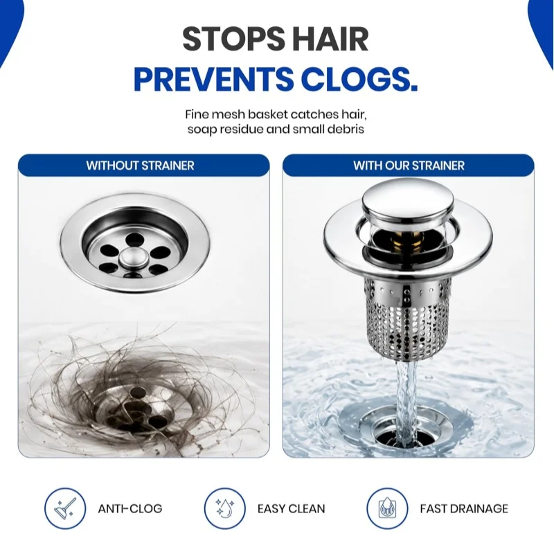 1pcs-Universal Popup Drain Plug Washbasin Leakage Plug Bathroom Sink Filter Hair Collector Easy Push Filter Screen Bouncing Core