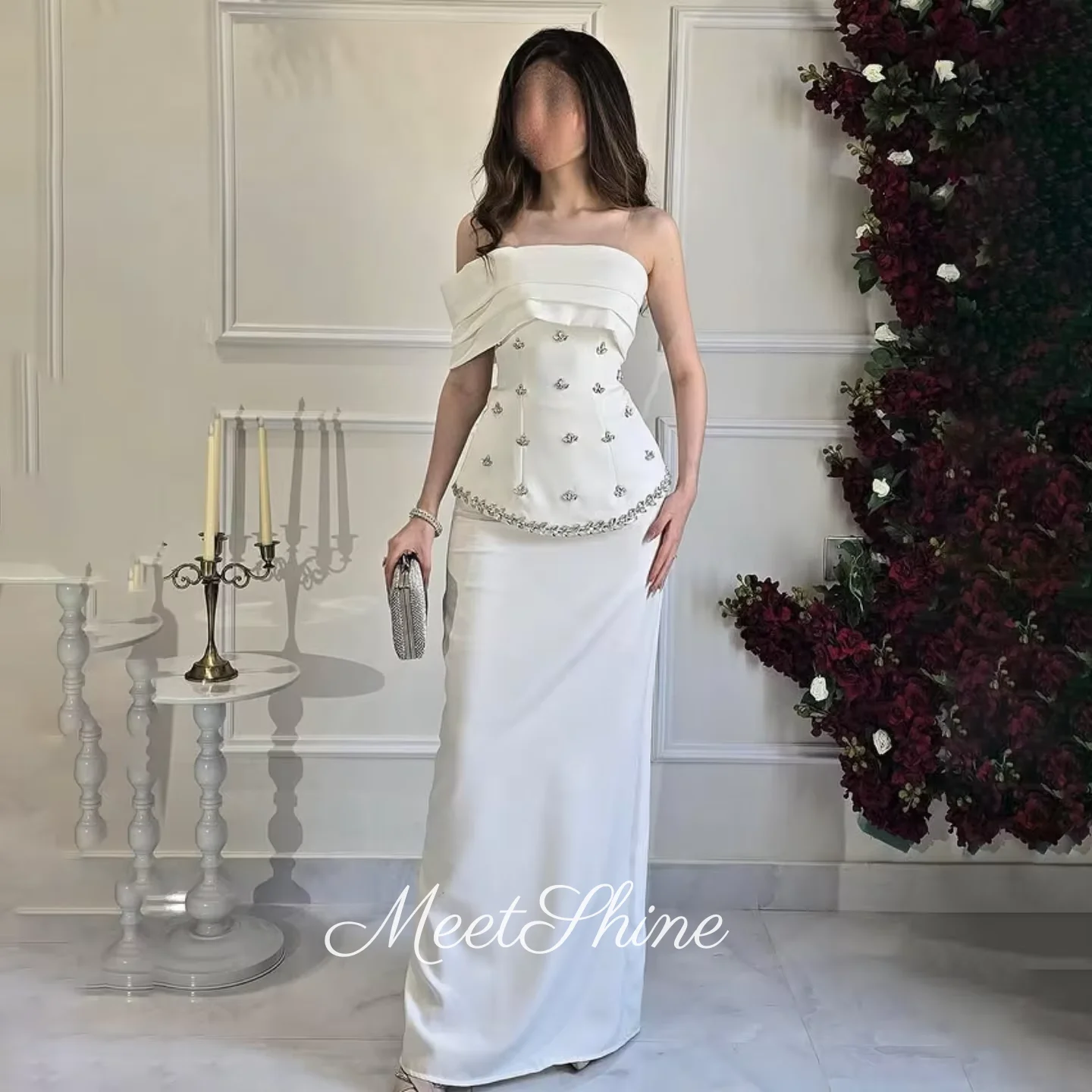 Gaun Malam Manik-manik Tanpa Tali Putih Gaun Prom Kristal Formal Satin Gaun Pesta Pernikahan Satu Bahu Kerut 2025 Disesuaikan