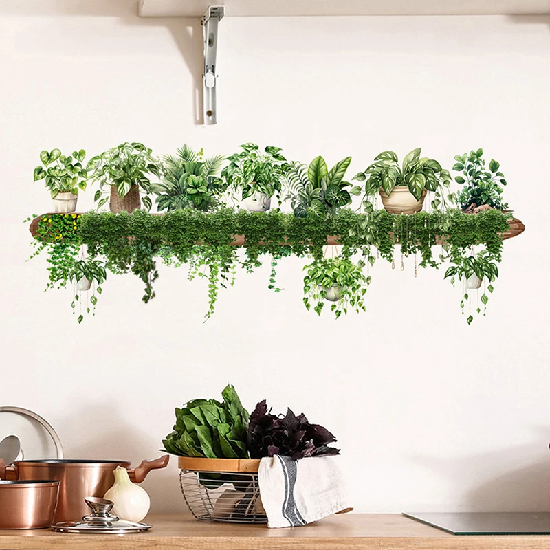 Green Dill Leaves Hanging Basket Wall Stickers Bedroom Living Room Wall Beautification Green Plant Decor Courtyard Wall Decals‘