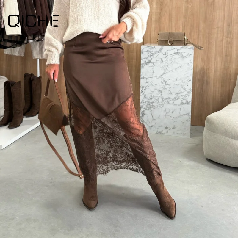 QICHE 2026 Women Autumn Winter Sexy Lace Spliced Midi Skirt Asymmetrical Wrap Bodycon Midi Skirt for Independent Site