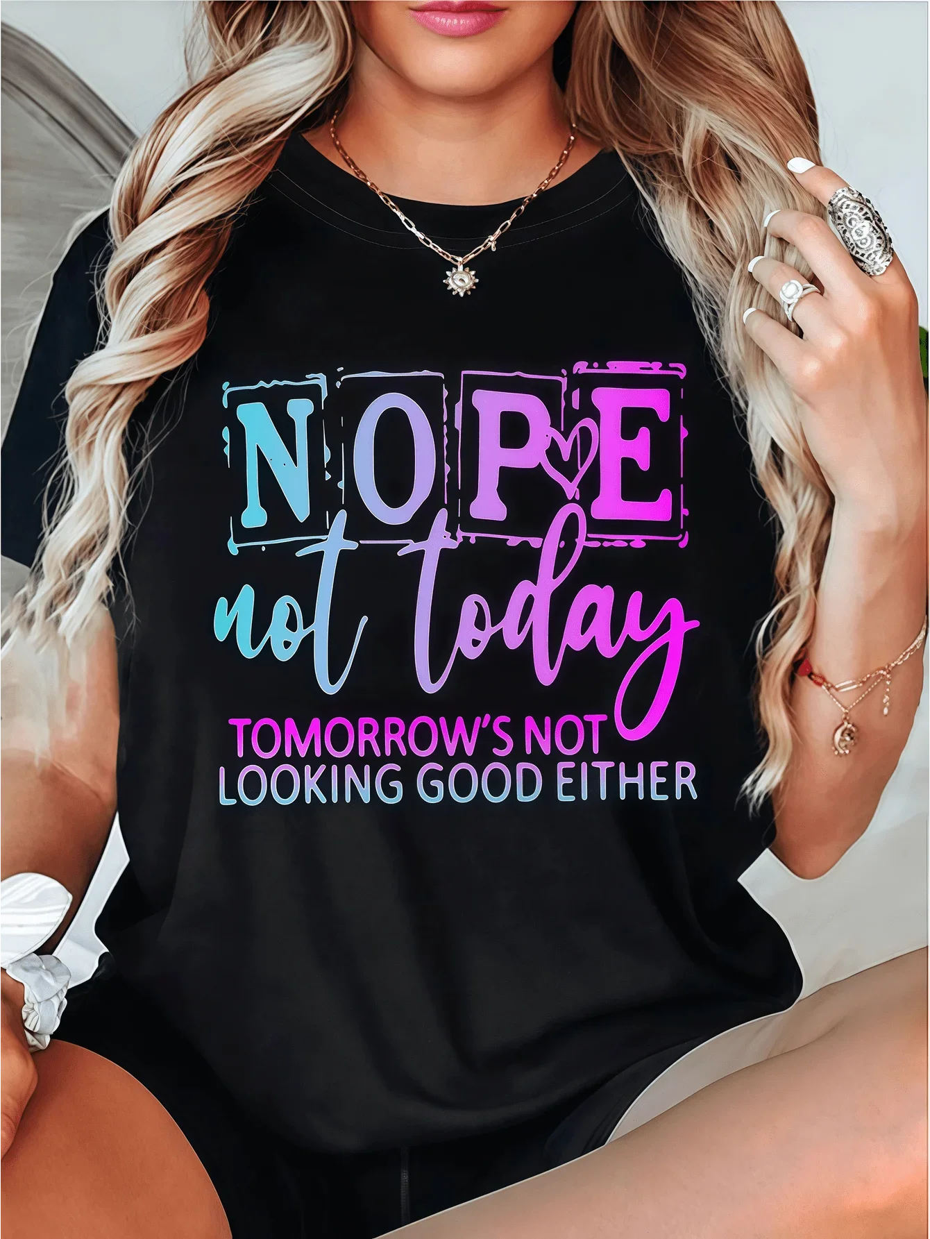 2026 Fashion New Arrival Women Crew Neck Short Sleeve T-Shirt, Nope Not Today Letter Print Black Lightweight Knit Casual Daily Summer Basic Top T-Shirt
