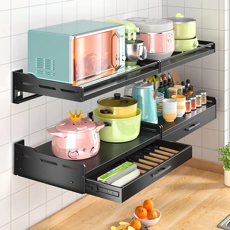 

Wall-mounted storage rack for kitchen microwave oven oven bracket stainless steel shelf drawer