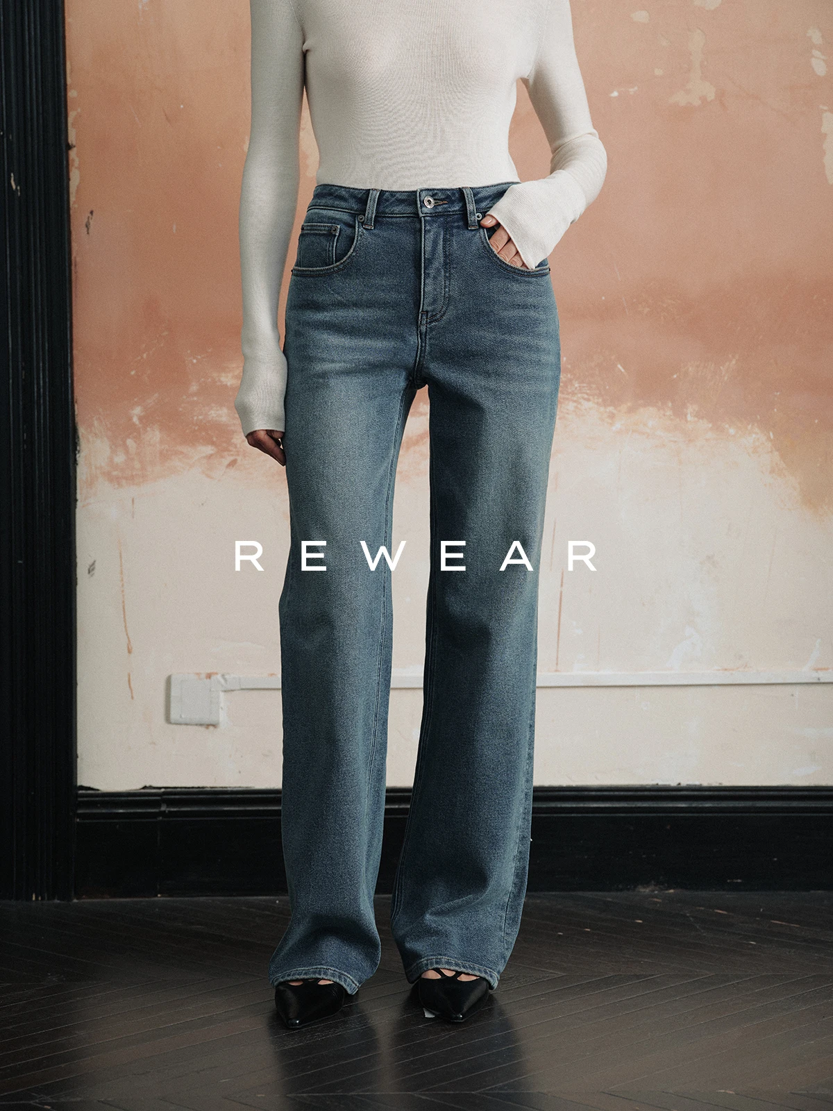 

REWEAR классические синие ретро современные хлопковые эластичные прямые джинсовые джинсы Fce 2094 удобные длинные брюки с талией