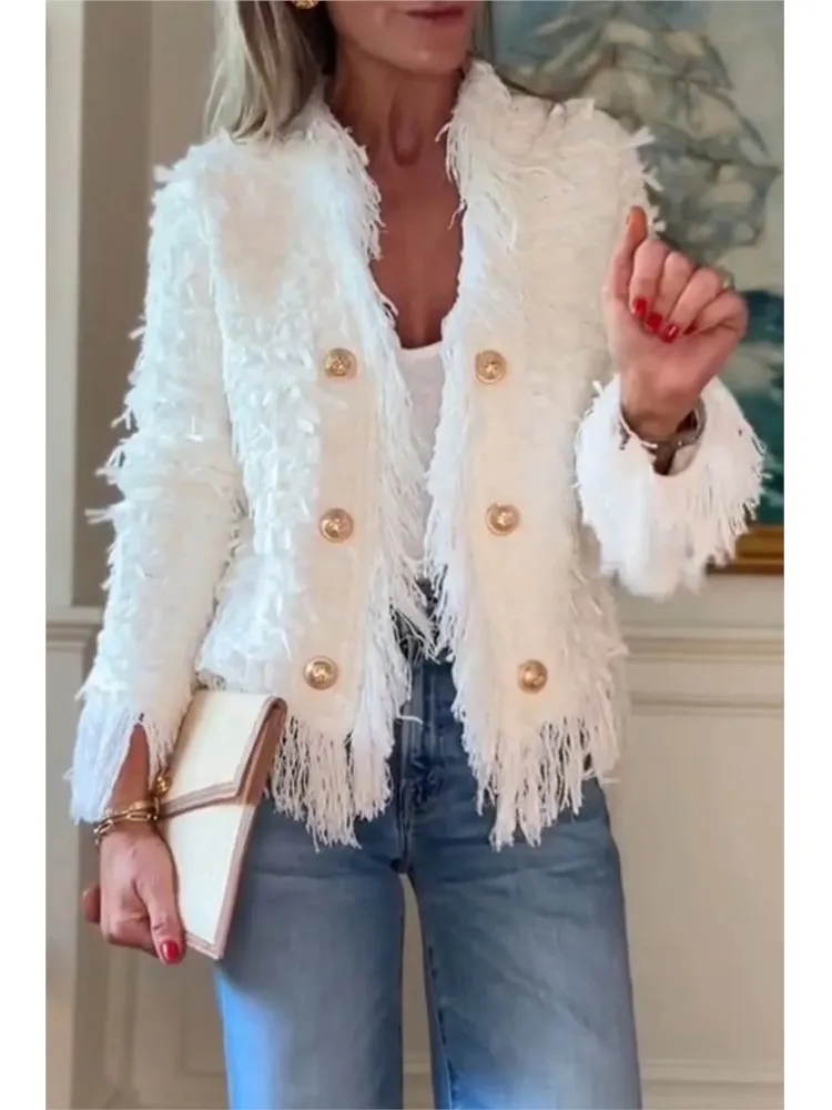 신상 여성 캐주얼 태슬 메탈 버튼 숏 재킷 코트 2025 가을 겨울 솔리드 브이넥 긴팔 플러시 아우터 가디건 코트