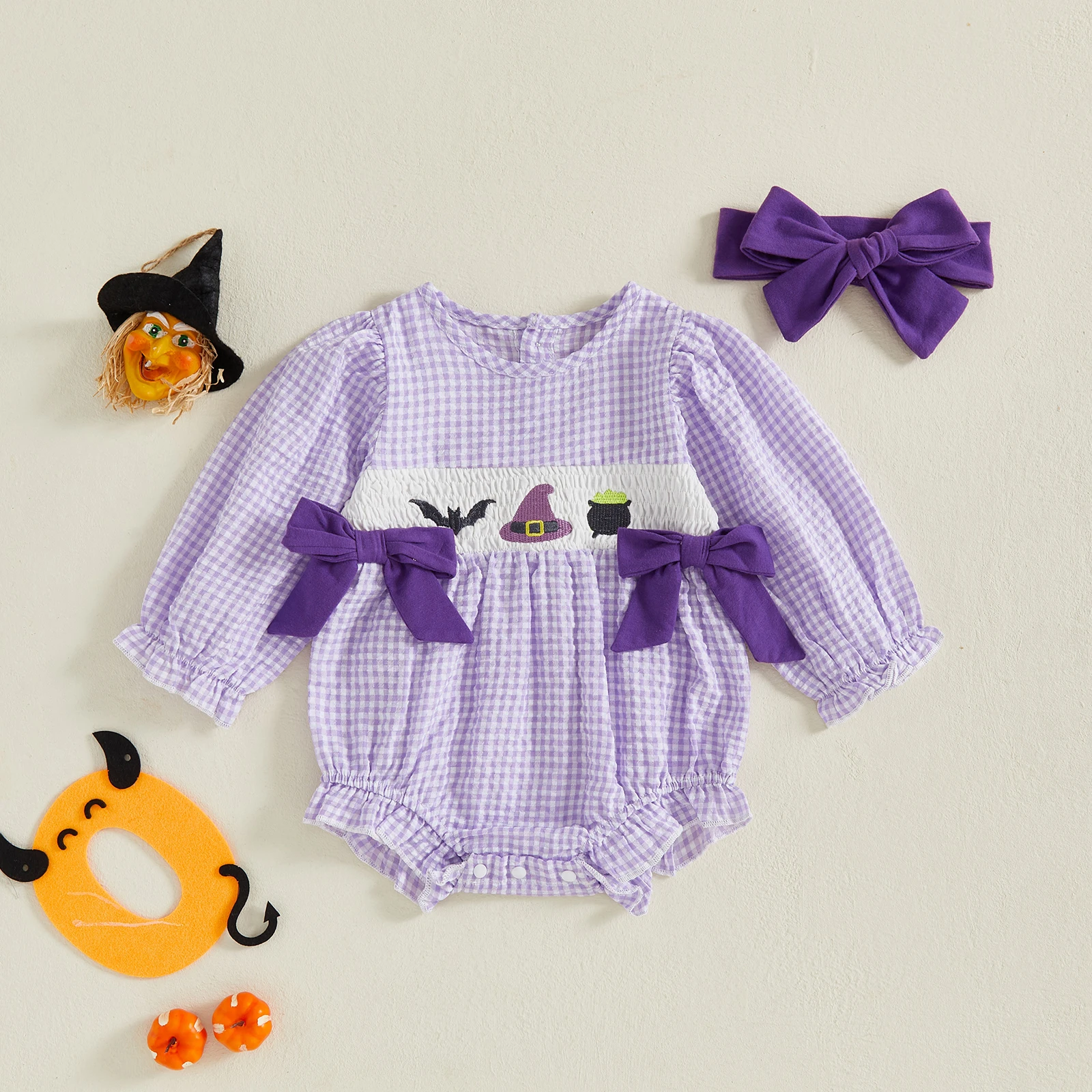 

0-18 Months Baby Girl Halloween Bodysuit Long Puff Sleeve Crew Neck Plaid Print Romper Newborn Fall Playsuit with Headband 2PCS