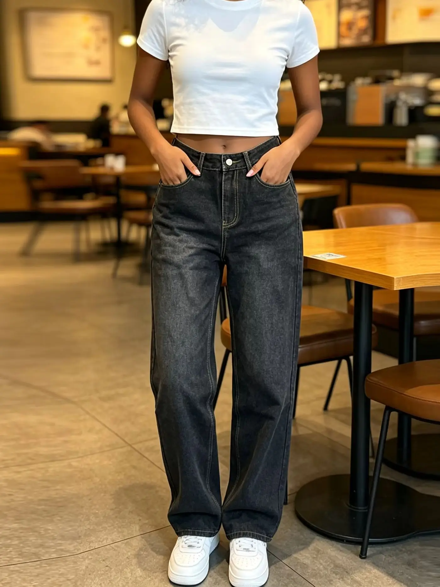 Women Spring Autumn Black Gray Distressed Wide Leg Jeans American Retro High Waist Loose Draping Slim Fit Long Pants