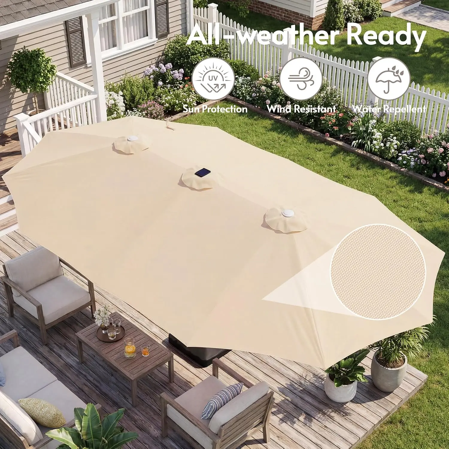 15ft Large Rectangular Outdoor Umbrella with Base,Champagne | Triple Umbrella Outdoor Patio with Solar Lights, Customized