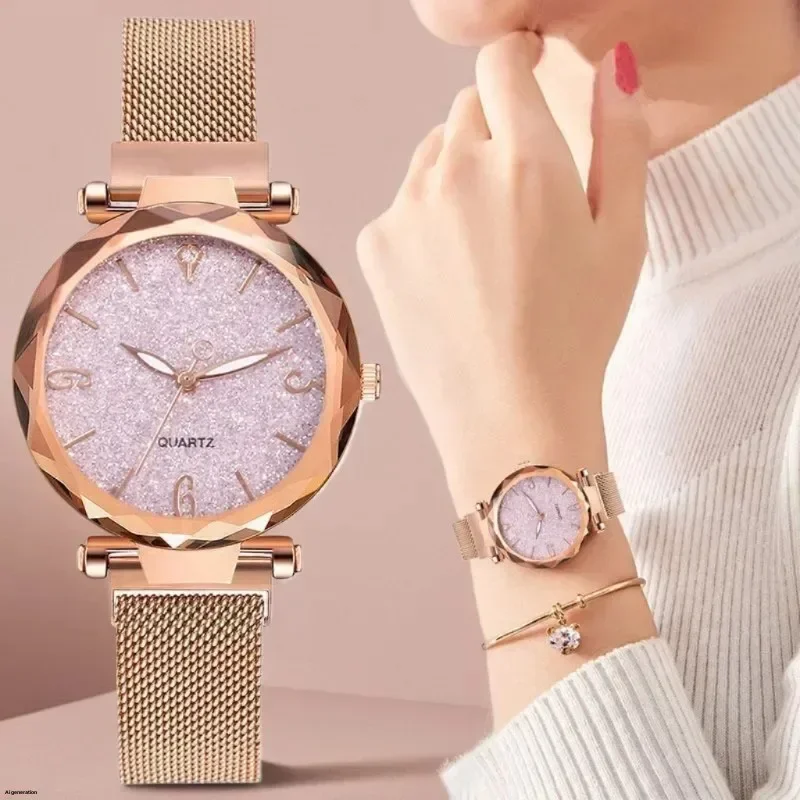 Orologio da donna con quadrante rotondo con strass stella cielo argento rosa per orologio da polso al quarzo nero vintage con cintura smerigliata e tendenza alla moda per il tempo libero