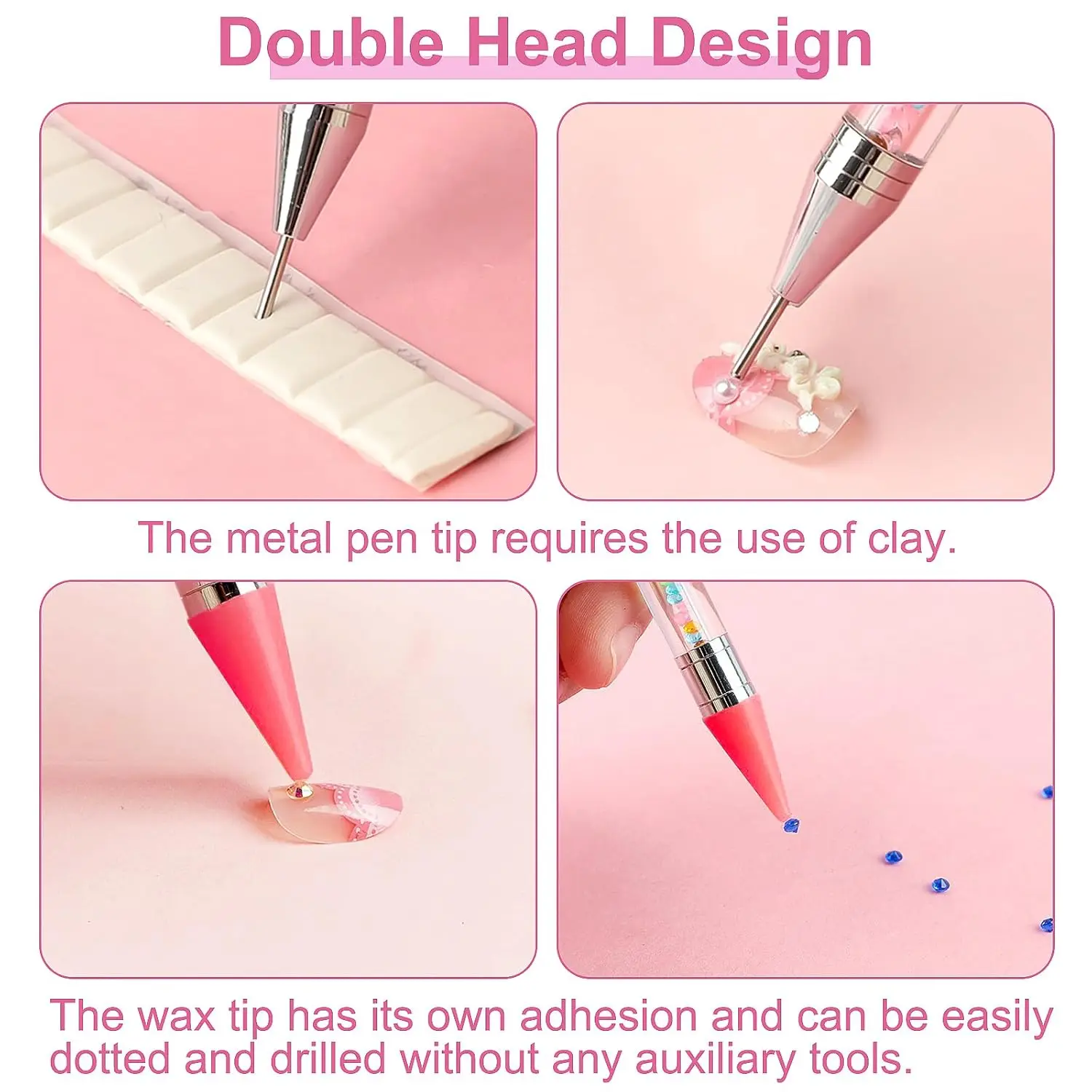 Rhinestone Picker Tool 2PCS with 2 Extra Wax Tips, Dual-Ended Manicure Nail Art DIY Decoration Kit for Rhinestones and Gemstones