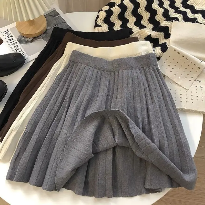 Sweet Versatile Jupe Femme Elastic High Waist Solid Color Outer Wear Knitted Pleated Skirt Roupas Feminina Saias Girls Clothing