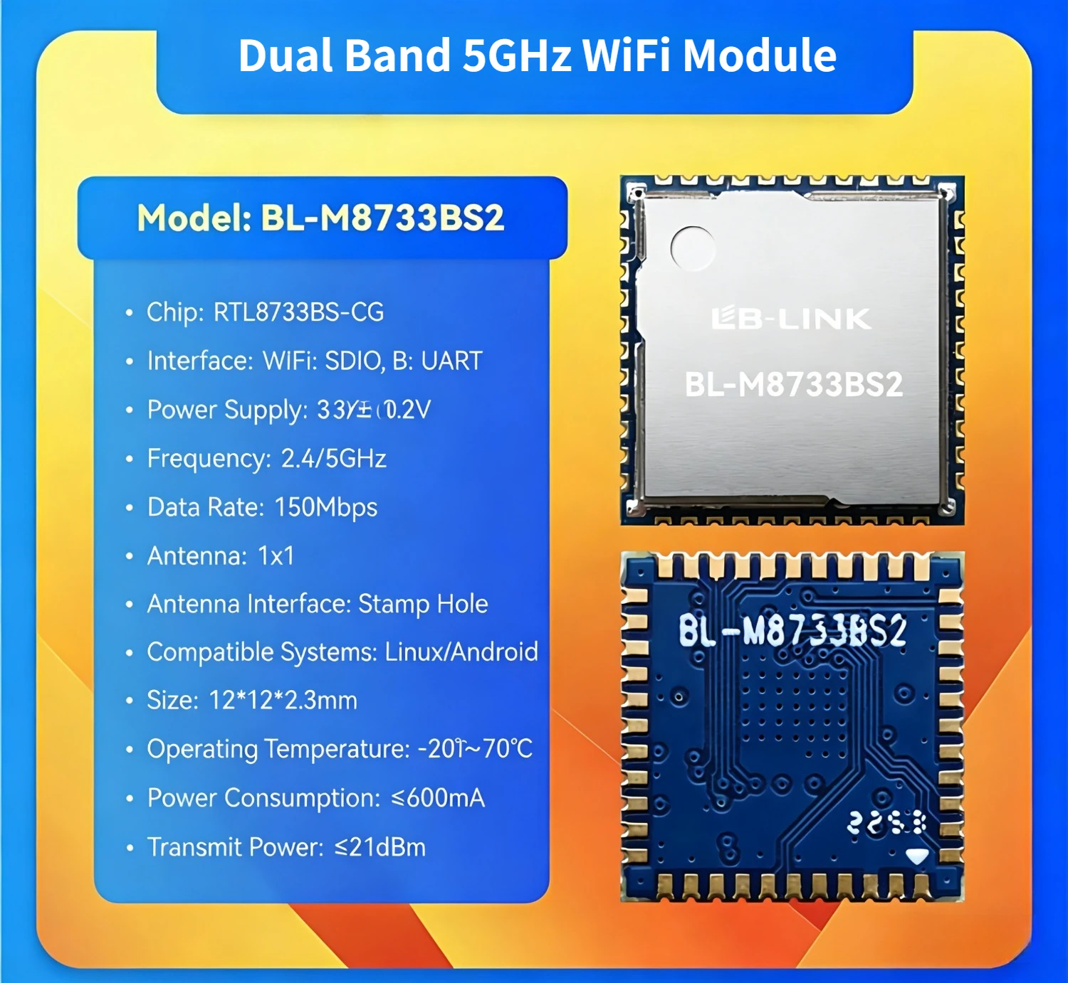 Realtek RTL8733BS WiFi Module BL-M8733BS2 5GHz Dual Band BT5.2 Screen Mirroring SDIO for IoT & POS