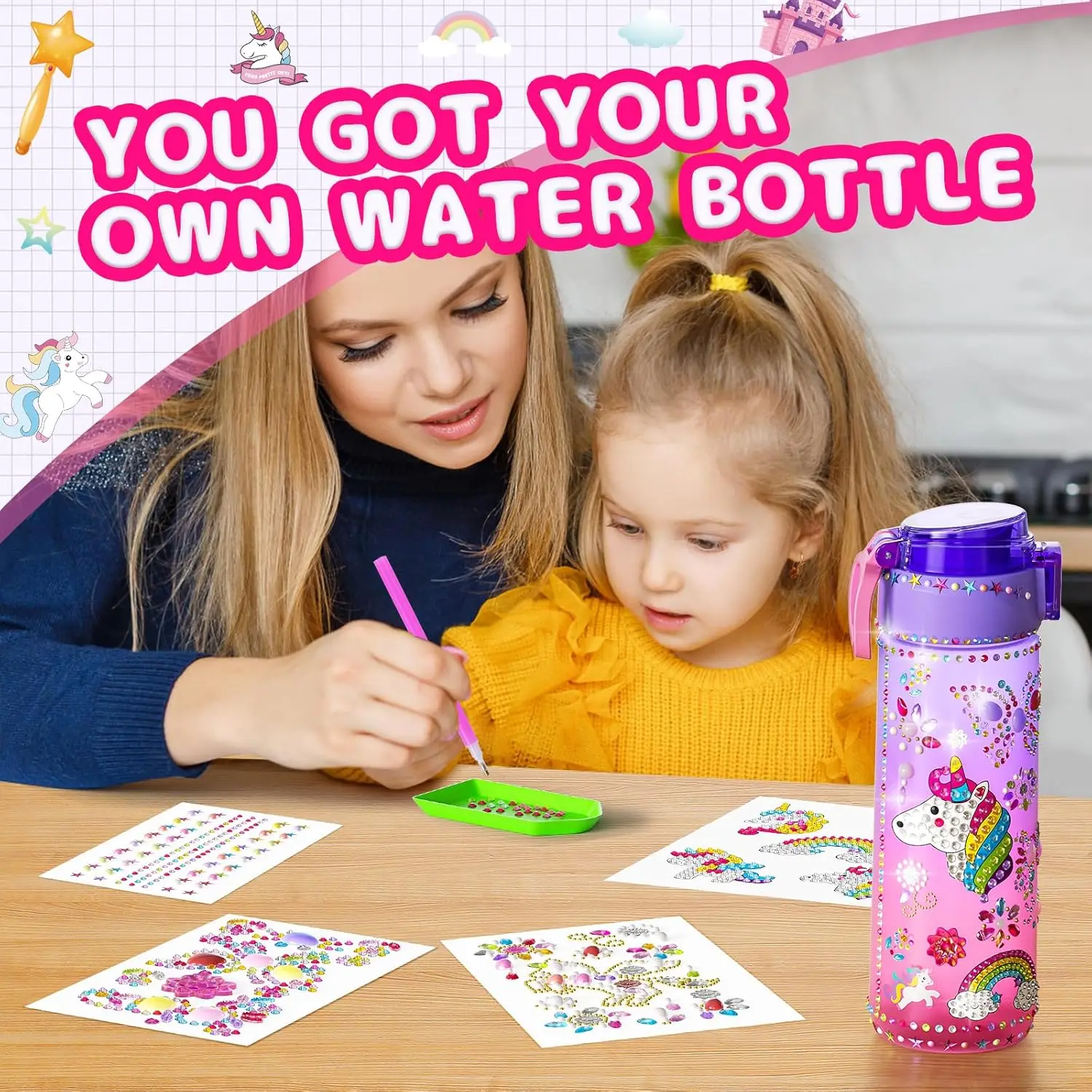 Decorate Your Own Water Bottle Kit for Girl Age 4-6,Unicorn DIY Painte Craft Clay Bead Bracelet Make Kit for Kids Gift Birthday