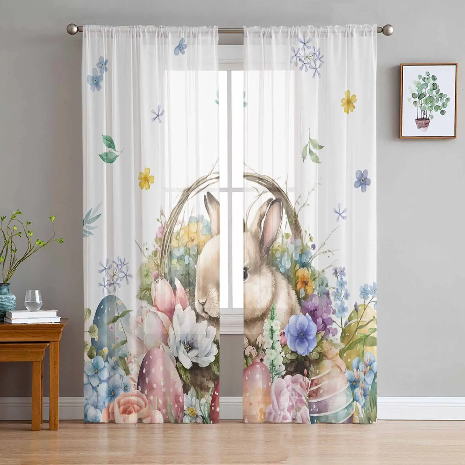 Easter Egg Bunny Watercolor Voile Curtains for Bedroom Window Tulle Curtain for Living Room Sheer Blinds Drapes