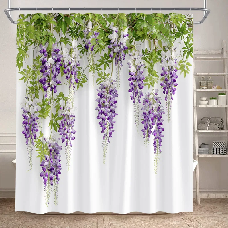 Watercolor Wildflower Wisteria Floral Print Shower Curtain Waterproof Mildew Resistant With Plastic Hooks Easy Install For Bathr