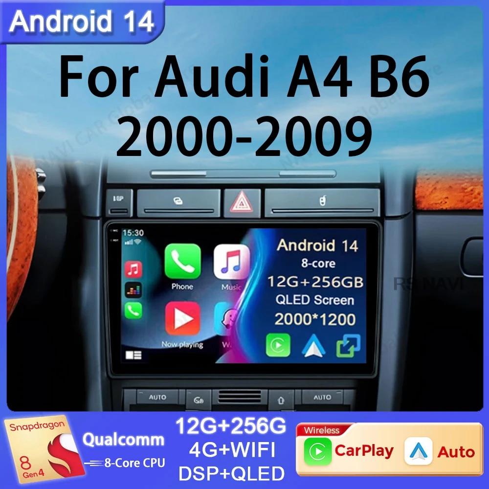 

Android 14 For Audi A4 B6 2000 - 2009 Multimedia GPS Car Radio Video Player Navigation 5G wifi DSP No 2din Auto Stereo Head Unit