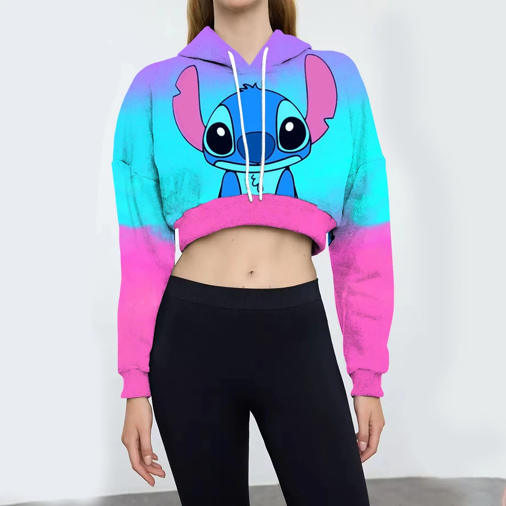 Miniso 2024 New Disney Stitch Hooded Funny Anime Autum Women Sweatshirt Fashion 3D Print Belly-revealing short Pullover Hoodies