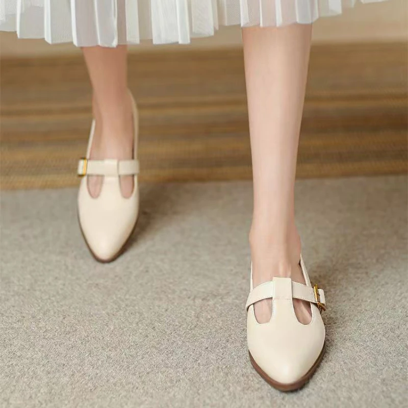 Women\'s Single Shoes Summer New Pointed Professional Buckle Leather Shoes Fashion Temperament Comfortable Commuter Oxford Shoes