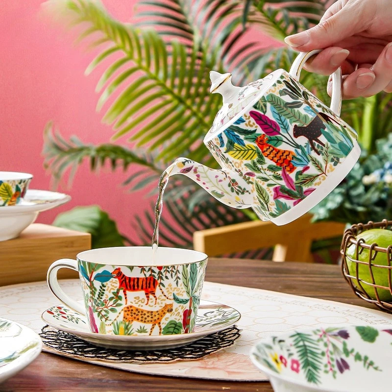 Hand-Painted Dreamy Jungle Ceramic Coffee Set with Mother-Son Teapot,Cup & Saucer Luxury Afternoon Tea Gift Box,Stackable Design