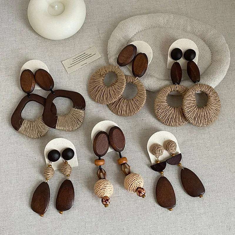 Minar Bohemia Multiple Rattan Knit Wood Beads Geometric Round Square Hanging Dangle Earrings for Women Holiday Beach Jewelry