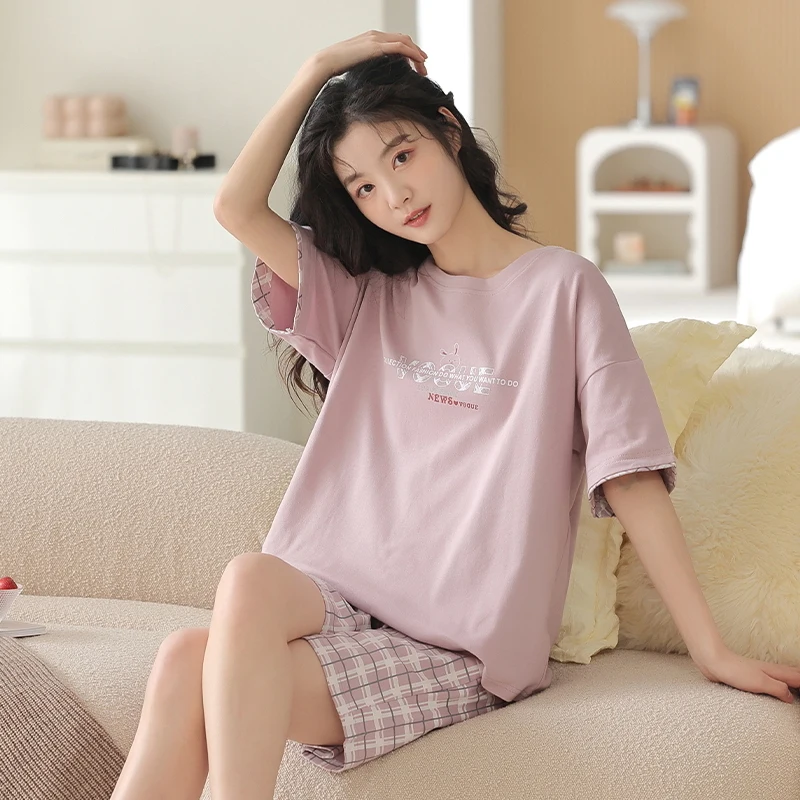 Women Pajamas Sets Soft Homewear Summer Knit Cotton Short Sleeves Shorts Pyjamas Cute Cartoon Sleepwear Female Pijamas Mujer