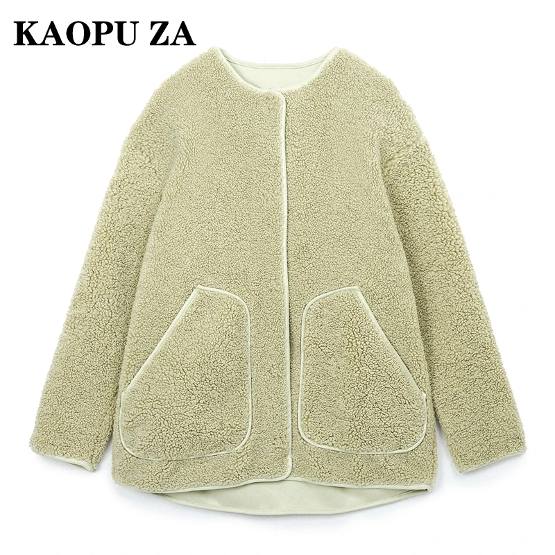 KAOPU ZA 2024 Winter New Lady Vintage Fleece Coat Casual Autumn Woman's Long Sleeve Turn-down Collar Outerwear Keep warm Jacket