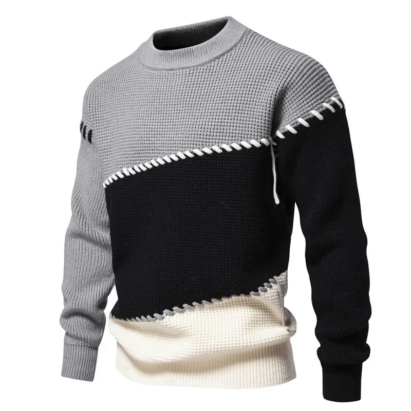 Men's Autumn and Winter British Fashion Spell Color Pullover Sweater, Lazy Wind Loose Casual Stitching Round Neck Knit Sweater