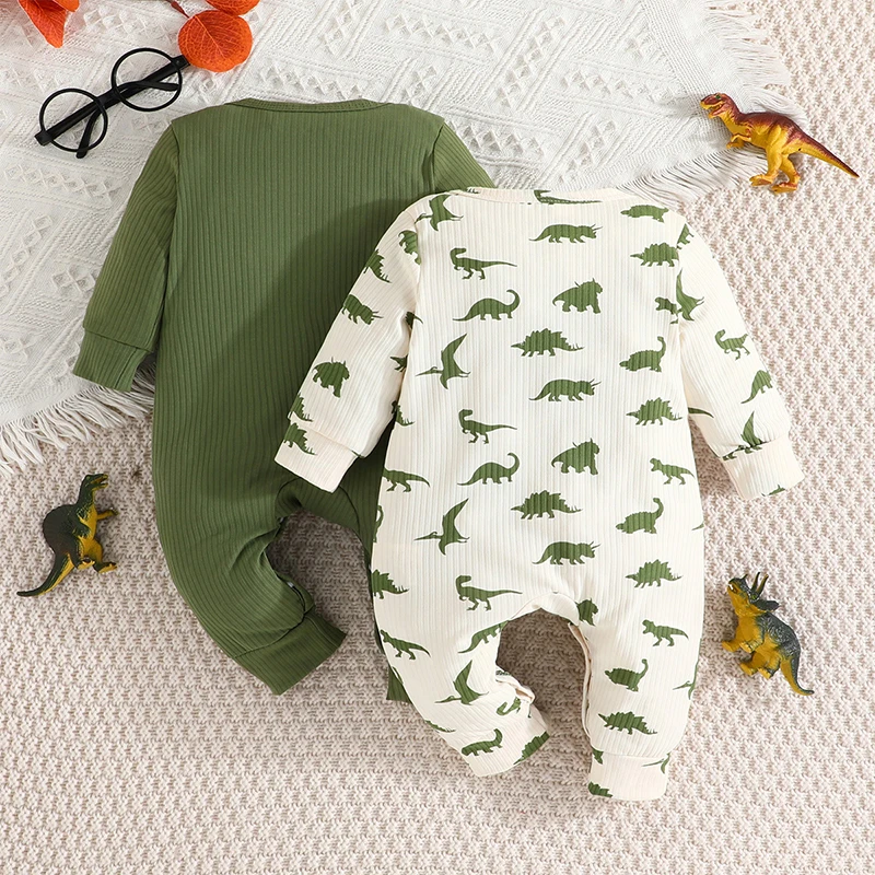 Baby Boy 2 Pack Long Sleeve Jumpsuit Newborn Ribbed Solid  Dinosaur Print Bodysuit Newborn Coming Home Outfit