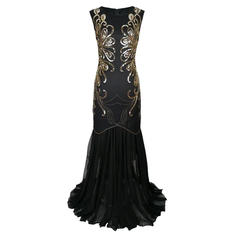 S-XL 1920s women vintage Great Gatsby dress 20s flapper Party formal dress sexy O-neck sleepveless beaded sequin mesh long dress