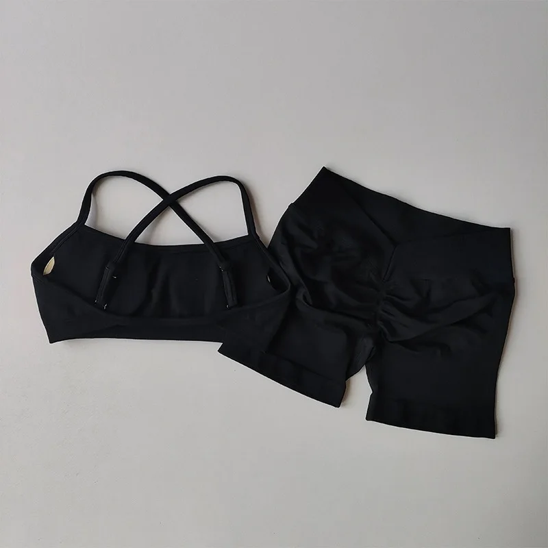 Sexy Neckholder-Sport-BH mit schönem Rücken, hoher Taille, pfirsichfarben, Shorts-Anzug, Pilates, Yoga-Weste, Trainings-Fitness-BH-Set – Detail 14