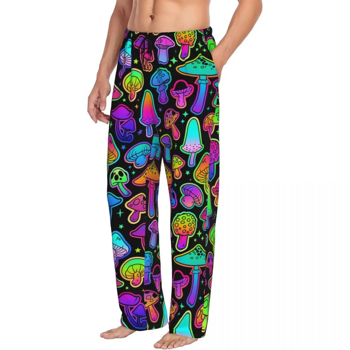 Custom Psychedelic Magic Rainbow Mushrooms Pajama Pants for Men Sleepwear Lounge Sleep Bottoms Stretch with Pockets