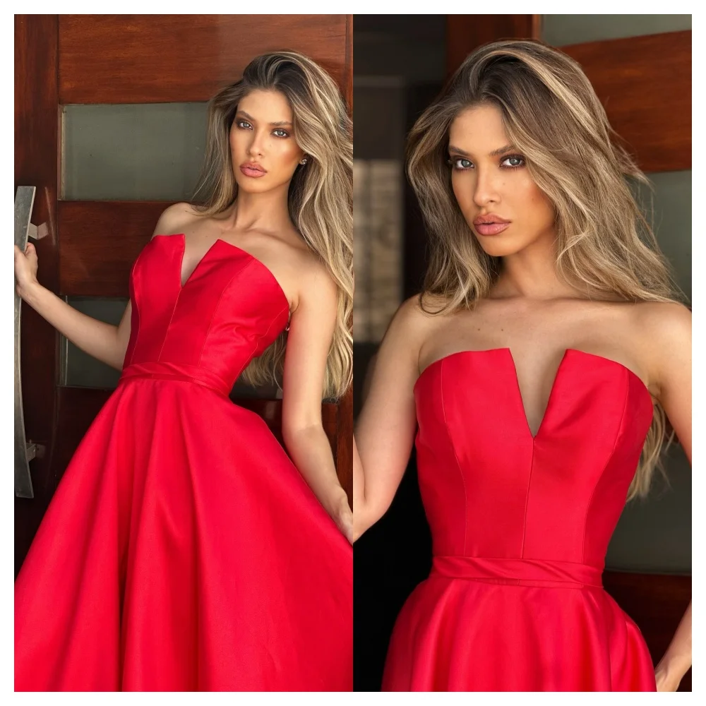 Customized Formal Red Satin Evening Dress Fashion Strapless Sleeveless Party Dress Temperament  A-Line Floor Length Prom Dress