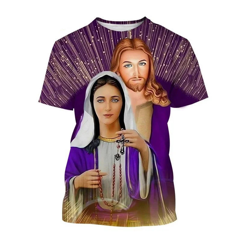 2024 New Summer Hot Christian God Jesus T-shirt, Men\'s Virgin Mary 3D Printed T-shirt Fashion Casual Western Short-sleeved Ladie