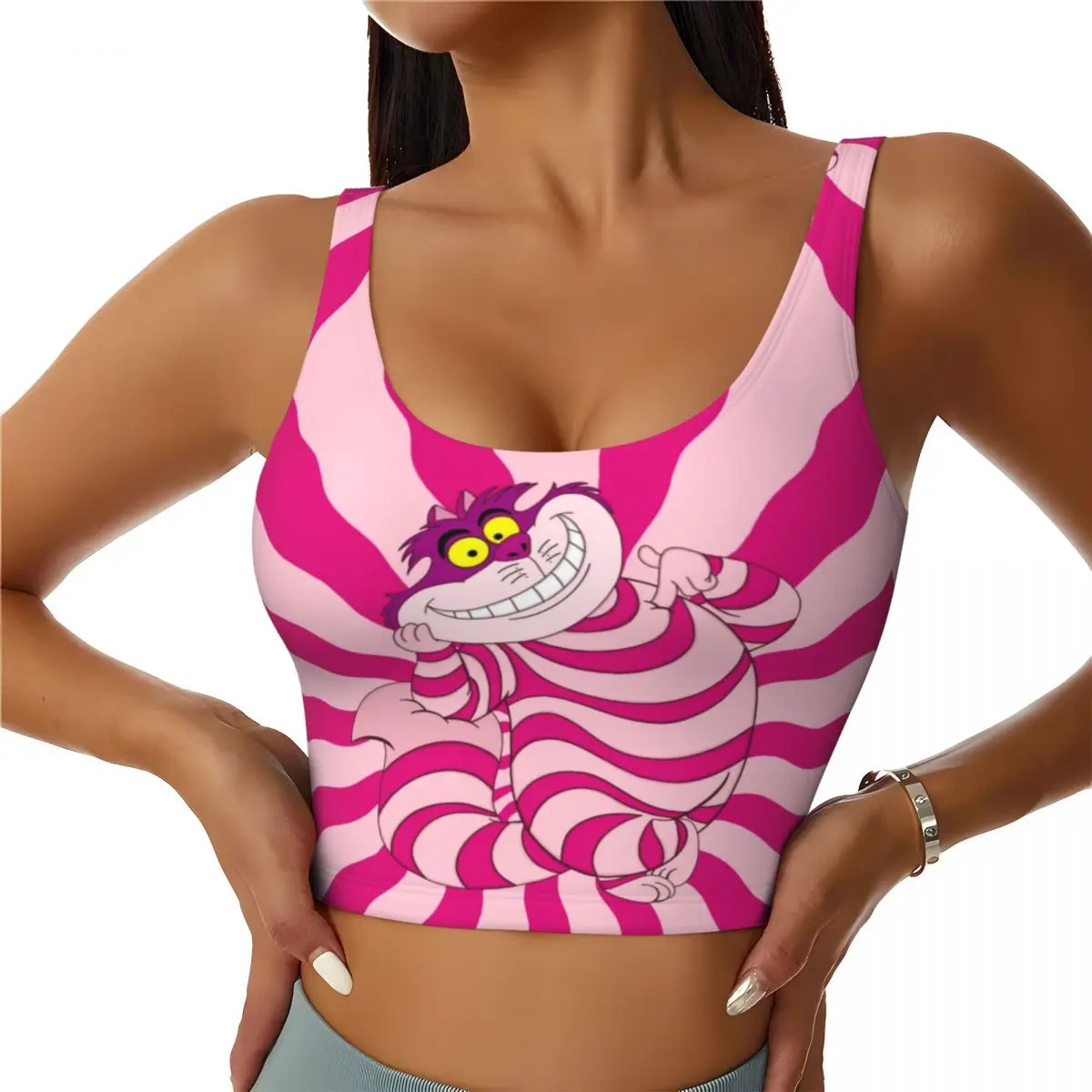 Custom Trippy Striped Cat High Impact Sports Bras for Women Cheshire Cat Cartoon Seamless Workout Yoga Crop Tank Tops