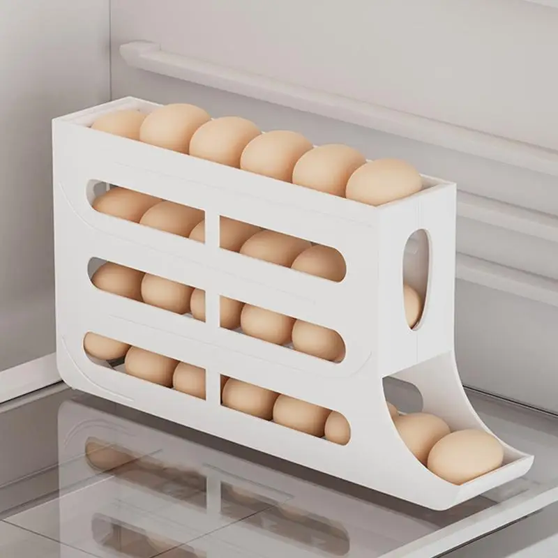 냉장고 용 계란 홀더 자동 롤링 냉장고 계란 주최자 4 층 슬라이드 드롭 트레이 선반 RV 용 공간 절약형 명확한 가시성