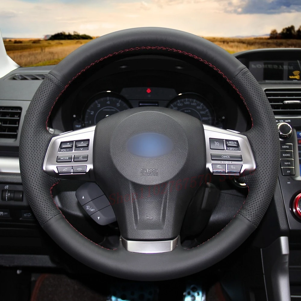 

DIY Hand-Sewn Black PU Leather Steering Wheel Cover Wrap for Subaru Forester Outback Legacy XV Car Interior Accessories