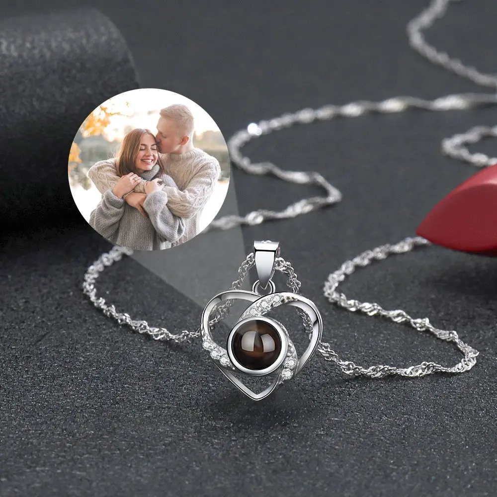 Custom Projection Photo Necklace S925 Silver Heart Pendant Necklace for Women Mother's Day Valentine Day Family Birthday Gift